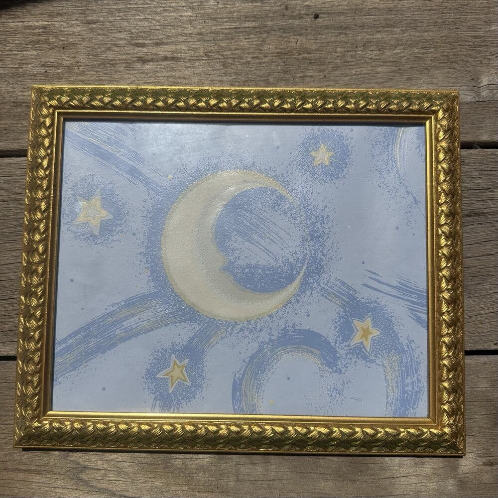 90s Vintage Celestial Moon Print Framed Wall Art 9x11 Gold Whimsygoth Moon Star
